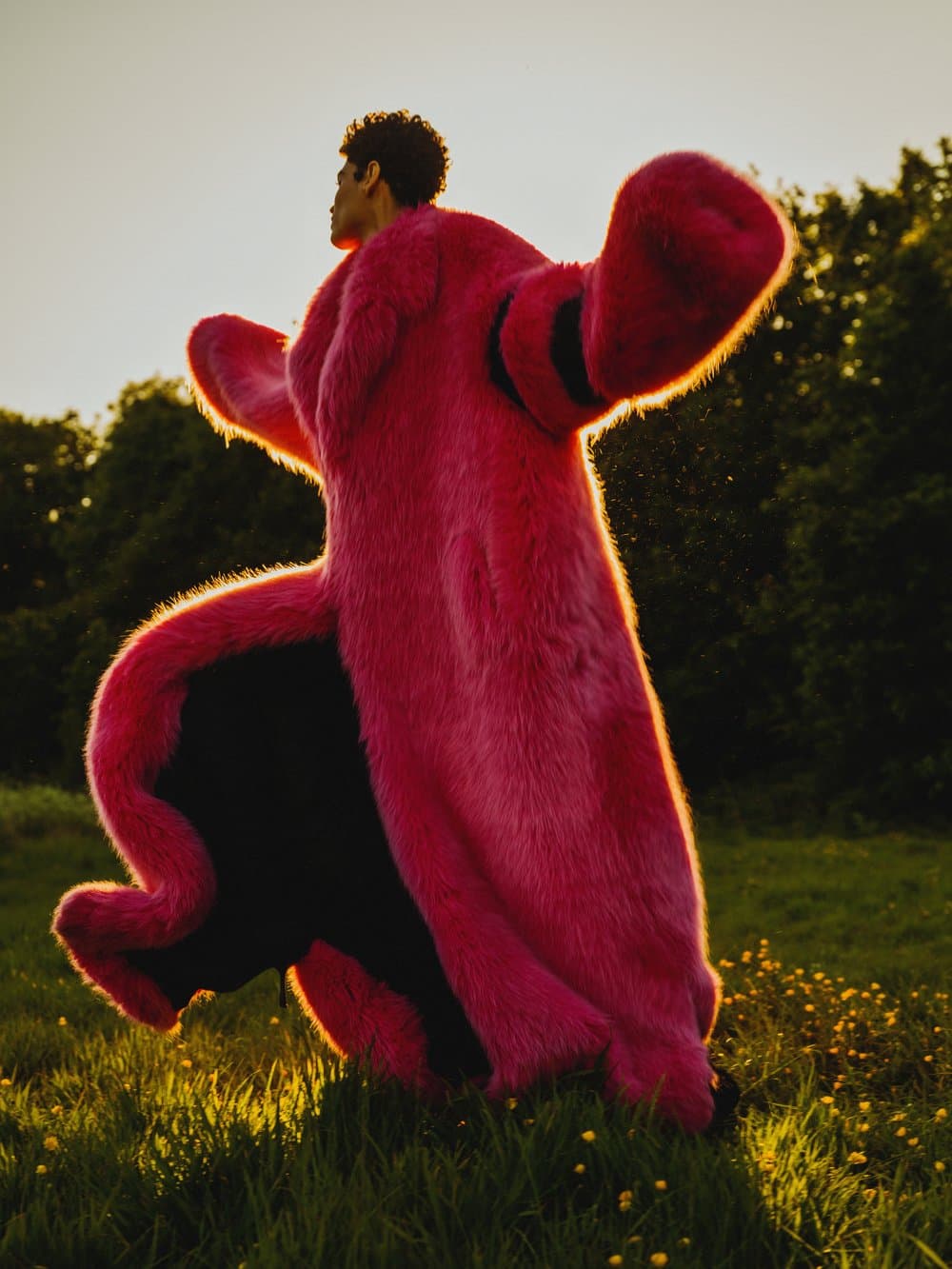 Aera SS26 — pink fur coat at golden hour